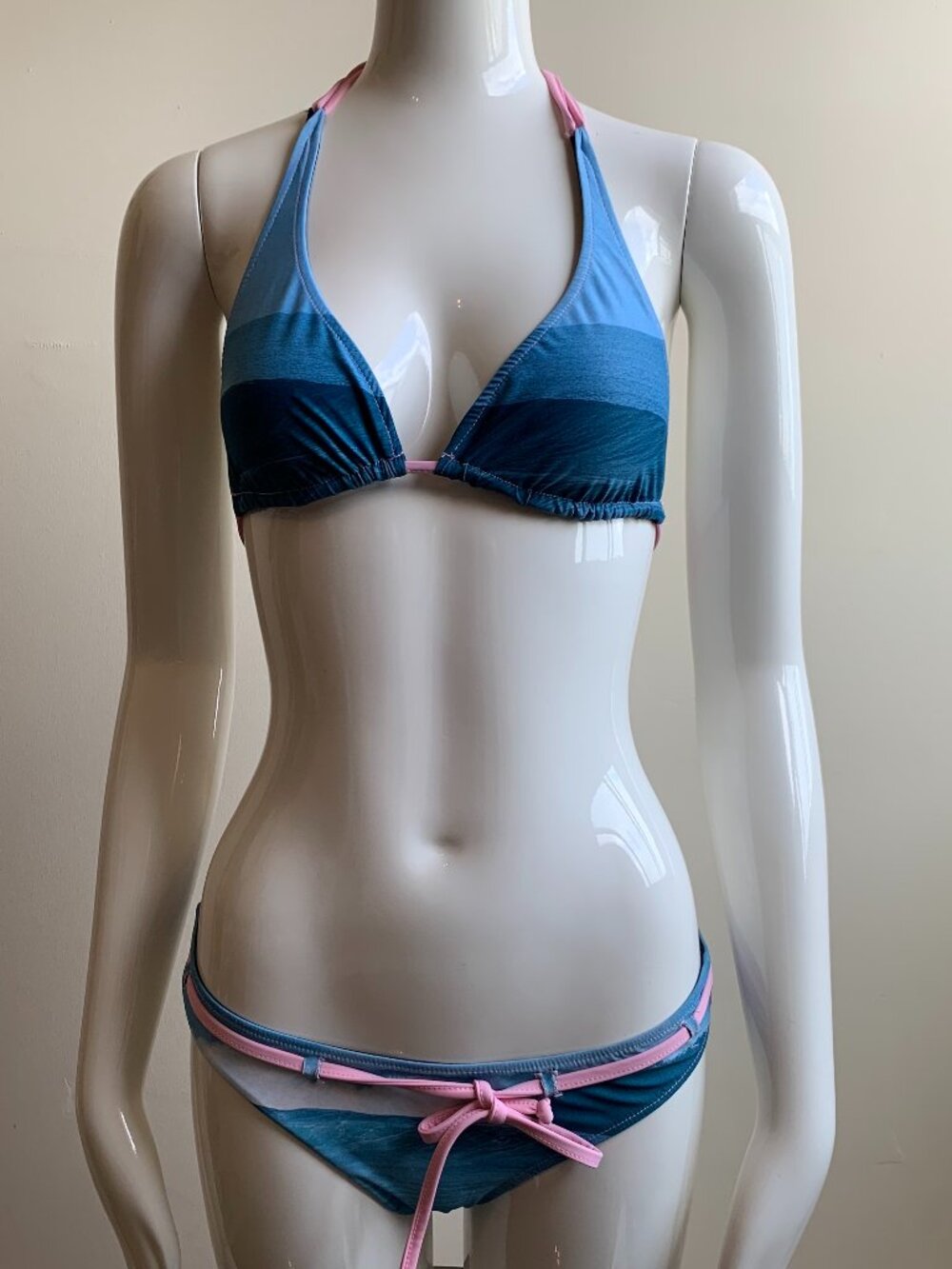 Aaron Chang blue reversible wave halter belted bikini